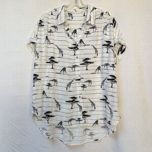 Jane Delancey Blouse Womens Large Novelty Bird Print Short Sleeve Shirt White